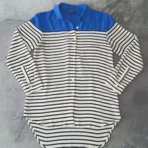 Tracy M. Sheer Colorblock Button-Up Striped High-Low Blouse